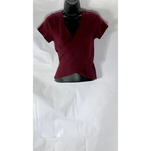 VANILLA STAR Women's Burgundy Ribbed Short Sleeve Wrap Top SZ M